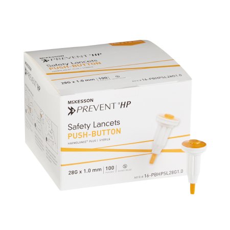Picture of Lancet McKesson Prevent® Fixed Depth Lancet Needle 1.0 mm Depth 28 Gauge Push Button Activation16-PBHPSL28G1.0