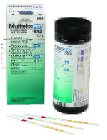 Picture of Urinalysis Test Multistix® Blood, Creatinine, Glucose, Ketone, Leukocyte, Nitrite, pH, Protein, Specific Gravity 100 per Bottle10331147