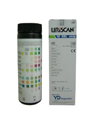 Picture of Urinalysis Test Uriscan® Bilirubin, Blood, Glucose, Ketones, Leukocytes, Nitrite, pH, Protein, Specific Gravity, Urobilinogen 100 per BottleU39