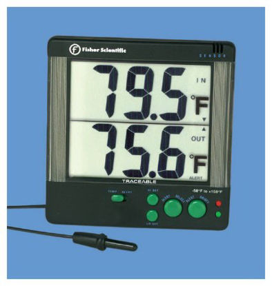 Picture of Digital Thermometer with Alarm Fahrenheit / Celsius -58° to +158°F (-50° to +70°C) Internal Probe / External Probe Multiple Mounting Options Battery OperatedACC895DIG