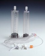 Picture of Dual Syringe Kit Medrad® Spectris Solaris® EP 2 Qwik-Fit Syringes® (115 mL for saline and 65 mL for contrast), a large and small spike, 96 Inch low-pressure connector tubing with T-connector and check valve All Medrad® Spectris Solaris® series MR injection systemsSSQK 65/115VS