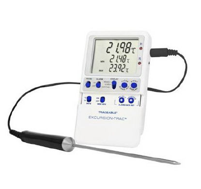 Picture of Datalogging Refrigerator / Freezer Thermometer with Alarm Traceable® Excursion-Trac™ Celsius -58° to +158°F (-50° to +70°C) Stainless Steel Probe Multiple Mounting Options Battery Operated94460-16