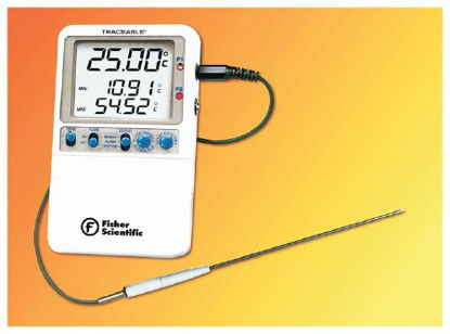 Picture of Digital Thermometer with Alarm Fisher Science Education™ Traceable® Fahrenheit / Celsius 28.4° to 35.6°F (-2° to +2°C) Stainless Steel Probe Multiple Mounting Options Battery OperatedS98176
