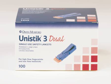 Picture of Lancet Unistik® Finger Stick Lancet Dual Max Flow Needle 1.8 mm Depth 18 Gauge Push Button ActivationAT 1062