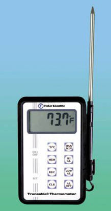 Picture of Digital Thermometer with Alarm Fisher Scientific™ Traceable® Fahrenheit / Celsius -58° to +572°F (-50° to +300°C) Stainless Steel Probe Battery Operated1464846