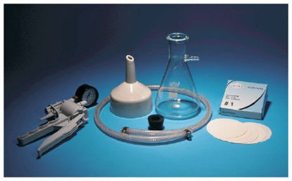 Picture of Filtering Kit Includes: 500 mL Filtering Flask, 90 mm Porcelain Buchner Funnel, Hand Vacuum Pump, 90 mm Filter Papers, Rubber Stopper, Vacuum Hose For Liquid FiltrationS04535