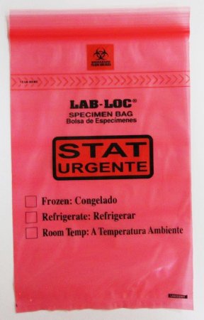 Picture of Specimen Transport Bag with Document Pouch Lab-Seal® Tamper-Evident 6 X 10 Inch LDPE Adhesive Closure STAT / Biohazard Symbol / Storage Instructions NonSterileLABA610RST