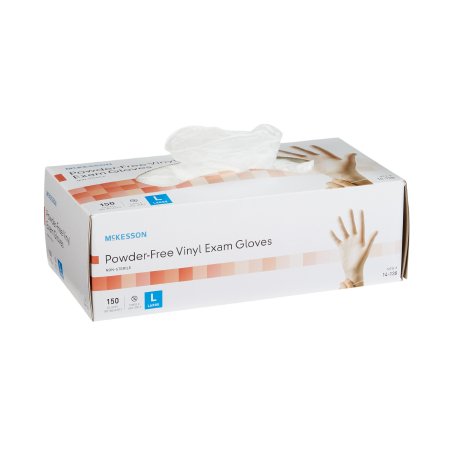 Picture of Exam Glove McKesson Large NonSterile Vinyl Standard Cuff Length Smooth Clear Not Chemo Approved14-138