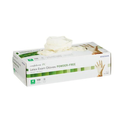 Picture of Exam Glove McKesson Confiderm® Medium NonSterile Latex Standard Cuff Length Textured Ivory Not Chemo Approved14-1382