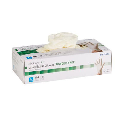 Picture of Exam Glove McKesson Confiderm® Large NonSterile Latex Standard Cuff Length Textured Ivory Not Chemo Approved14-1383