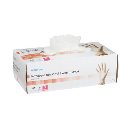 Picture of Exam Glove McKesson Small NonSterile Vinyl Standard Cuff Length Smooth Clear Not Chemo Approved14-134