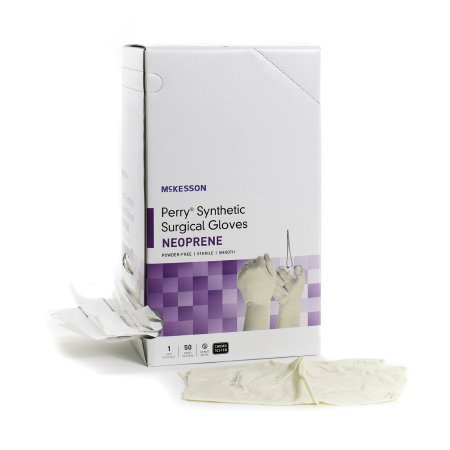 Picture of Surgical Glove McKesson Perry® Synthetic Surgical Gloves Size 8 Sterile Pair Polychloroprene Extended Cuff Length Smooth Cream Chemo Tested20-2680N