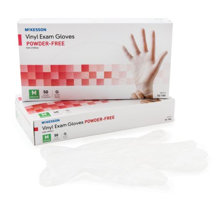Picture of Exam Glove McKesson Confiderm® Medium NonSterile Vinyl Standard Cuff Length Smooth Clear Not Chemo Approved14-166