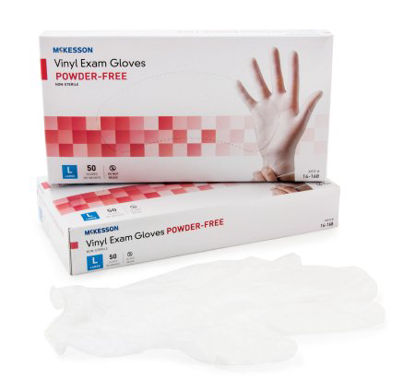 Picture of Exam Glove McKesson Confiderm® Large NonSterile Vinyl Standard Cuff Length Smooth Clear Not Chemo Approved14-168