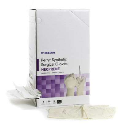 Picture of Surgical Glove McKesson Perry® Synthetic Surgical Gloves Size 8.5 Sterile Pair Polychloroprene Extended Cuff Length Smooth Cream Chemo Tested20-2685N