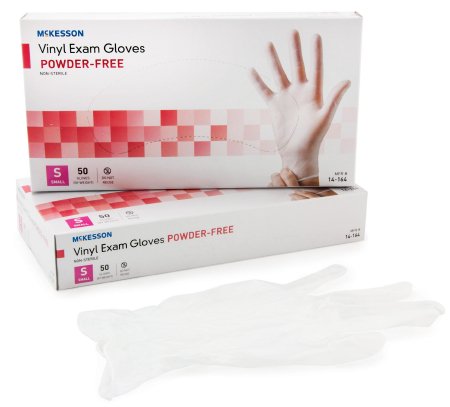 Picture of Exam Glove McKesson Confiderm® Small NonSterile Vinyl Standard Cuff Length Smooth Clear Not Chemo Approved14-164
