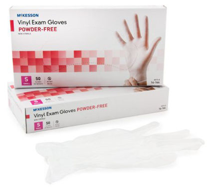 Picture of Exam Glove McKesson Confiderm® Small NonSterile Vinyl Standard Cuff Length Smooth Clear Not Chemo Approved14-164