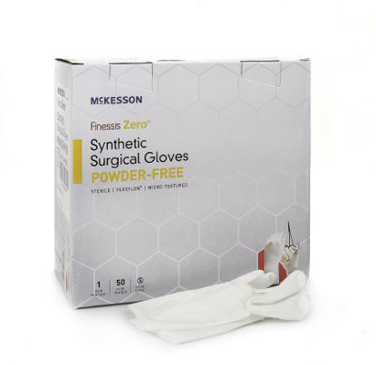 Picture of Surgical Glove McKesson Finessis Zero® Size 8.5 Sterile Pair Flexylon® Synthetic Extended Cuff Length Micro-Textured White Chemo Tested14-92085