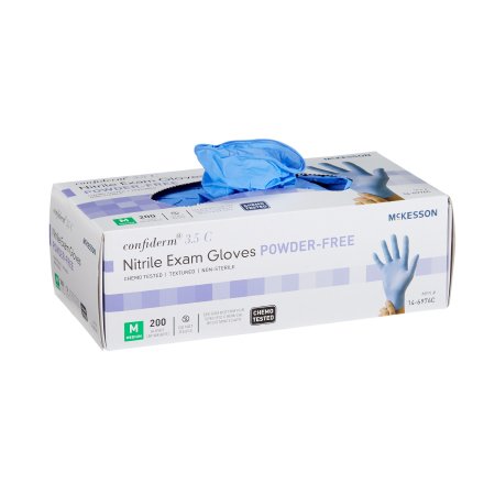 Picture of Exam Glove McKesson Confiderm® 3.5C Medium NonSterile Nitrile Standard Cuff Length Textured Fingertips Blue Chemo Tested14-6976C