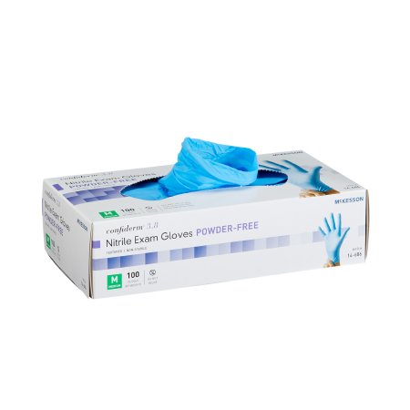Picture of Exam Glove McKesson Confiderm® 3.8 Medium NonSterile Nitrile Standard Cuff Length Textured Fingertips Blue Not Chemo Approved14-686