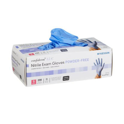 Picture of Exam Glove McKesson Confiderm® 3.5C Small NonSterile Nitrile Standard Cuff Length Textured Fingertips Blue Chemo Tested14-6974C