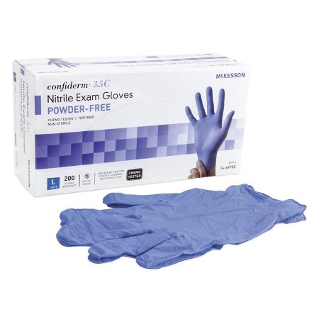 Picture of Exam Glove McKesson Confiderm® 3.5C Large NonSterile Nitrile Standard Cuff Length Textured Fingertips Blue Chemo Tested14-6978C