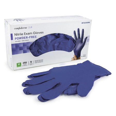 Picture of Exam Glove McKesson Confiderm® 3.0 Medium NonSterile Nitrile Standard Cuff Length Textured Fingertips Blue Not Chemo Approved14-6N34