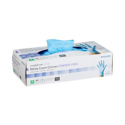 Picture of Exam Glove McKesson Confiderm® 4.5C Medium NonSterile Nitrile Standard Cuff Length Textured Fingertips Blue Chemo Tested14-656C
