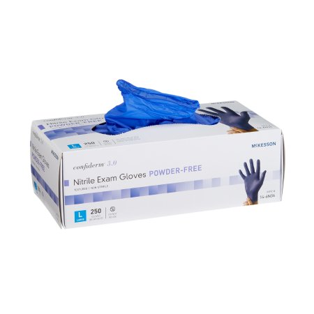 Picture of Exam Glove McKesson Confiderm® 3.0 Large NonSterile Nitrile Standard Cuff Length Textured Fingertips Blue Not Chemo Approved14-6N36