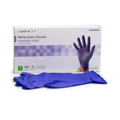 Picture of Exam Glove McKesson Confiderm® 3.0 Medium NonSterile Nitrile Standard Cuff Length Textured Fingertips Blue Not Chemo Approved14-6N34EC