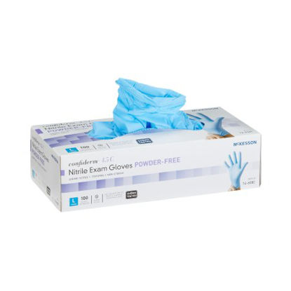 Picture of Exam Glove McKesson Confiderm® 4.5C Large NonSterile Nitrile Standard Cuff Length Textured Fingertips Blue Chemo Tested14-658C