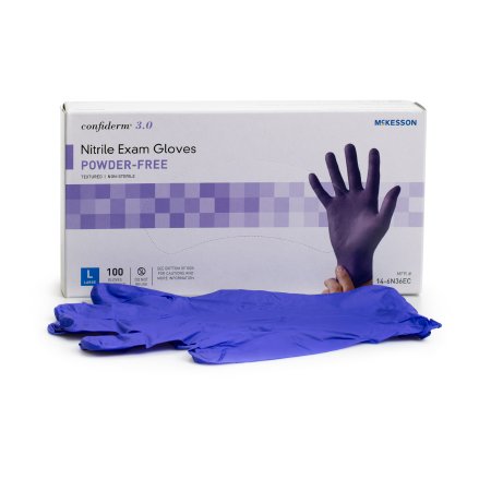 Picture of Exam Glove McKesson Confiderm® 3.0 Large NonSterile Nitrile Standard Cuff Length Textured Fingertips Blue Not Chemo Approved14-6N36EC