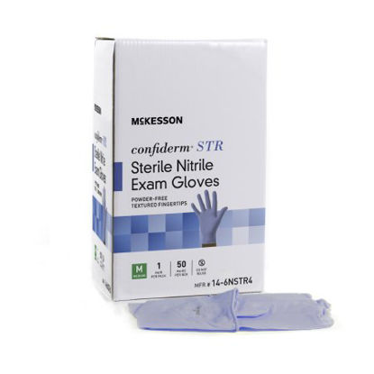 Picture of Exam Glove McKesson Confiderm® STR Medium Sterile Pair Nitrile Standard Cuff Length Textured Fingertips Blue Not Chemo Approved14-6NSTR4