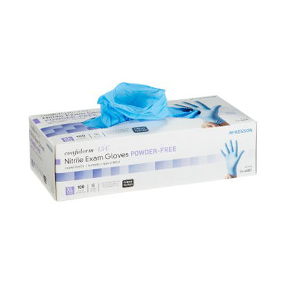 Picture of Exam Glove McKesson Confiderm® 4.5C X-Large NonSterile Nitrile Standard Cuff Length Textured Fingertips Blue Chemo Tested14-660C