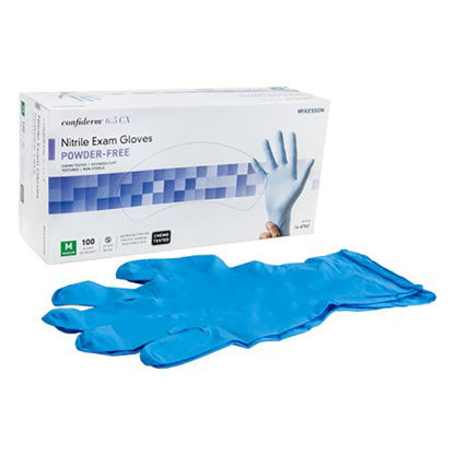 Picture of Exam Glove McKesson Confiderm® 6.5CX Medium NonSterile Nitrile Extended Cuff Length Textured Fingertips Blue Chemo Tested14-676C
