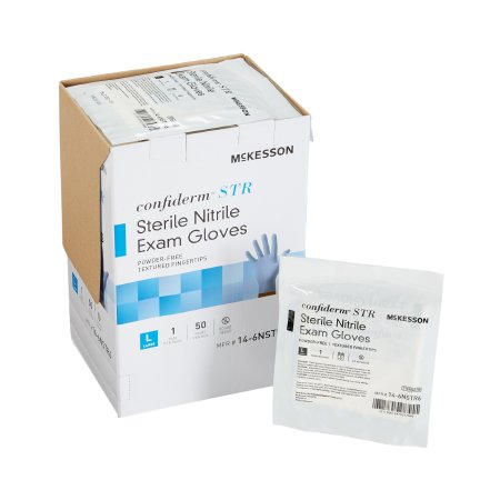 Picture of Exam Glove McKesson Confiderm® STR Large Sterile Pair Nitrile Standard Cuff Length Textured Fingertips Blue Not Chemo Approved14-6NSTR6