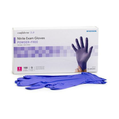 Picture of Exam Glove McKesson Confiderm® 3.0 Small NonSterile Nitrile Standard Cuff Length Textured Fingertips Blue Not Chemo Approved14-6N32EC