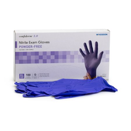 Picture of Exam Glove McKesson Confiderm® 3.0 X-Large NonSterile Nitrile Standard Cuff Length Textured Fingertips Blue Not Chemo Approved14-6N38EC
