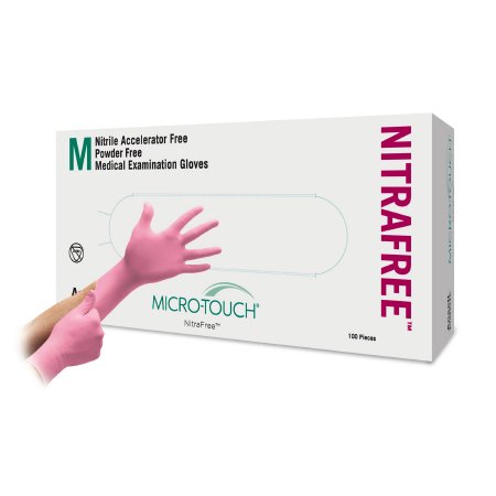Picture of Exam Glove Micro-Touch® NitraFree™ Medium NonSterile Nitrile Standard Cuff Length Textured Fingertips Pink Chemo Tested6034512