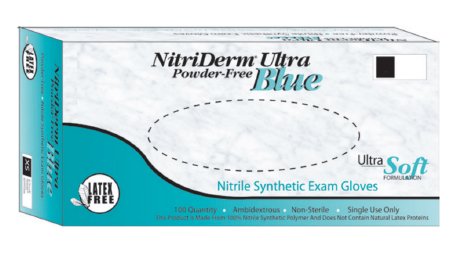 Picture of Exam Glove NitriDerm® Ultra Blue Medium NonSterile Nitrile Standard Cuff Length Fully Textured Light Blue Chemo Tested157200