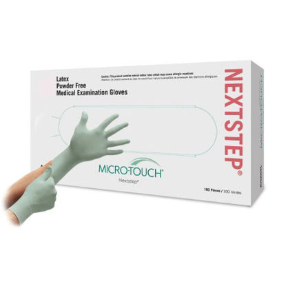 Picture of Exam Glove Micro-Touch® NextStep® Small NonSterile Latex Standard Cuff Length Fully Textured Green Not Chemo Approved3201