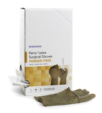 Picture of Surgical Glove McKesson Perry® Size 8.5 Sterile Pair Latex Extended Cuff Length Smooth Brown Not Chemo Approved20-1385N