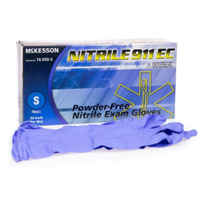 Picture of Exam Glove McKesson Nitrile 911™ EC Small NonSterile Nitrile Extended Cuff Length Textured Fingertips Blue Chemo Tested14-050-S