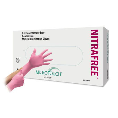 Picture of Exam Glove Micro-Touch® NitraFree™ Large NonSterile Nitrile Standard Cuff Length Textured Fingertips Pink Chemo Tested6034513