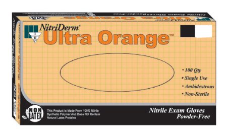 Picture of Exam Glove NitriDerm® Ultra Orange™ Small NonSterile Nitrile Standard Cuff Length Fully Textured Orange Not Chemo Approved199100