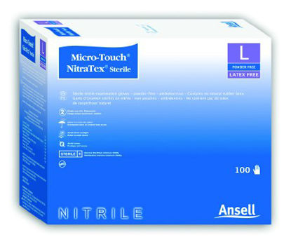 Picture of Exam Glove Micro-Touch® Large Sterile Pair Nitrile Extended Cuff Length Textured Fingertips Blue Chemo Tested6034153