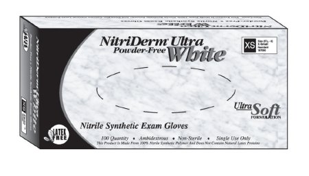 Picture of Exam Glove NitriDerm® Ultra White Small NonSterile Nitrile Standard Cuff Length Fully Textured White Not Chemo Approved167100