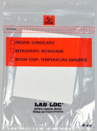 Picture of Specimen Transport Bag with Document Pouch and Absorbent Pad Lab-Loc® 8 X 10 Inch LDPE Zip Closure Biohazard Symbol / Storage Instructions NonSterileLABZ810BA