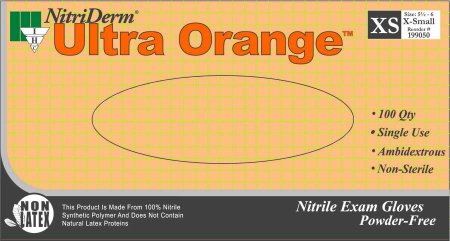 Picture of Exam Glove NitriDerm® Ultra Orange™ X-Small NonSterile Nitrile Standard Cuff Length Fully Textured Orange Not Chemo Approved199050