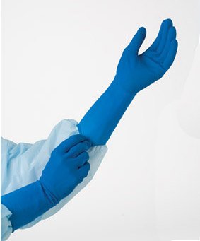 Picture of Exam Glove TidiShield® Small NonSterile Latex Extended Cuff Length Fully Textured Blue Chemo Tested932477-1
